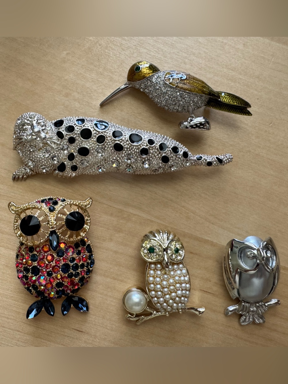 Vintage Animal Brooch bundle- Crystal Owl, Seal & Hummingbird
